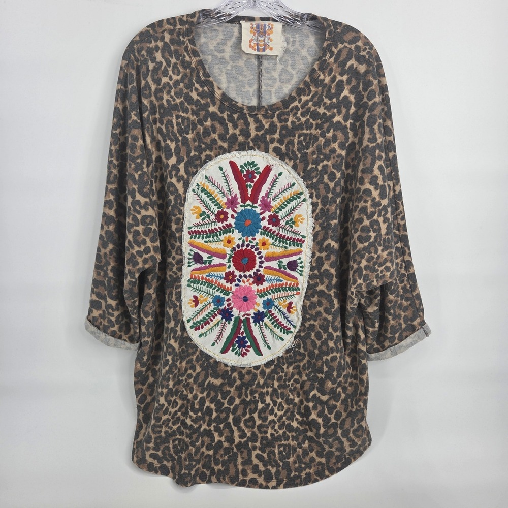 Boutique Leopard Floral Embroidered Tunic XL Brown Boho Eclectic Art-Inspired